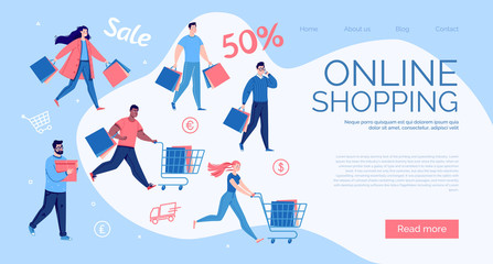 Landing page design. Online shopping concept. People with packages and shopping. Men and women scurry about during a sale. Vector. Illustration in a flat cartoon style.