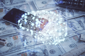 Double exposure of brain drawing over us dollars bill background. Technology concept.