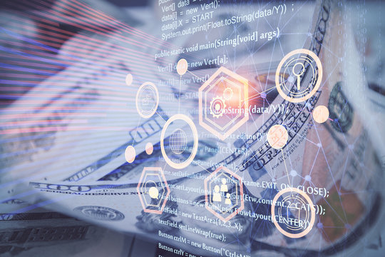 Double exposure of data theme drawing over us dollars bill background. Technology concept.