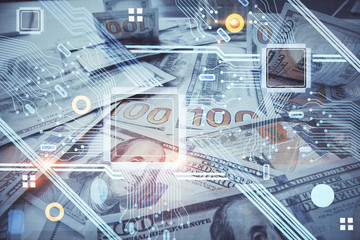 Double exposure of data theme drawing over us dollars bill background. Technology concept.