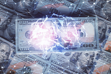 Double exposure of brain drawing over us dollars bill background. Technology concept.