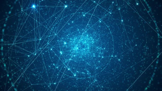 Abstract connected dots and lines on black background. Technology connection network and big data concept with moving lines and dots.