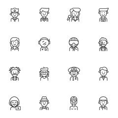 Professions line icons set, outline vector symbol collection, linear style pictogram pack. Signs logo illustration. Set includes icons - policeman, musician singer, photographer, pilot, sailor, artist