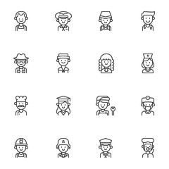 Occupation, profession line icons set, outline vector symbol collection, linear style pictogram pack. Signs, logo illustration. Set includes icons as doctor, nurse, worker, repairman, diver, miner