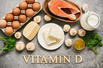 Foods Rich In Vitamin D. Products high in vitamin D. Top view, flat lay, lettering.