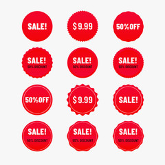 Sale banner color of red. Label discount design for marketing and advertisement.