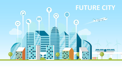 Smart city concept. City of the future. Landscape with skyscrapers modern technology. Hyperloop Sorting garbage. Green energy. Caring for the environment. Urban view Flat Vector Cartoon Illustration