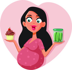 Pregnant Woman Craving Cupcake and Pickles Vector Cartoon