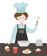 Vector scene with a cook in the kitchen. Woman cook preparing pancakes.