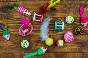 Set of toys for cat on wooden background. Top view