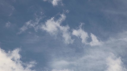 Fototapeta premium Clear blue sky with cumulus clouds that stand still and cirrus clouds that float. Joyful mood. High pressure and difference in movement in the atmosphere. Ecology of clean air. Weather forecast
