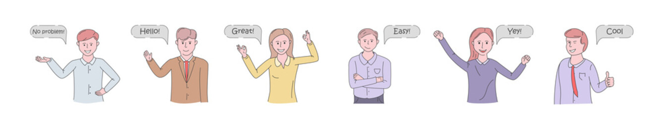 Cheerful cute people and different emotional poses speak funn. Customer service stickers. Emotions of office workers Joy, pride, confidence, kindness. Isolated Flat Cartoon Vector Illustration