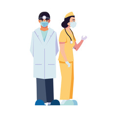 Man and woman doctor with uniforms and masks vector design
