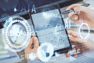 Multi exposure of man's hands holding and using a digital device and data theme drawing. Innovation concept.