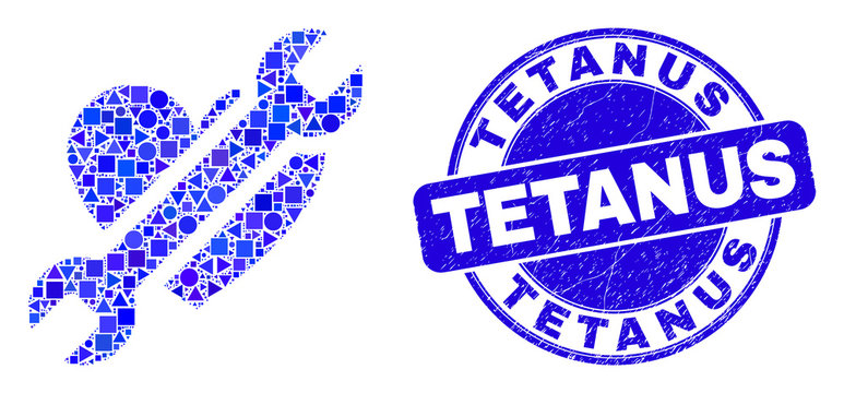 Geometric repair heart mosaic pictogram and Tetanus watermark. Blue vector round distress watermark with Tetanus title. Abstract mosaic of repair heart composed of round, tringle,