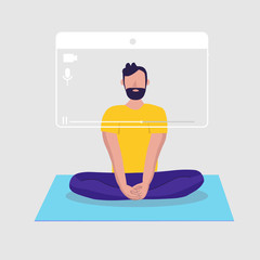 Yoga online, meditation tutorial, stay at home order concept. Live stream, internet education. Man sitting in a yoga position. For banner, website design, social media. Flat vector illustration.