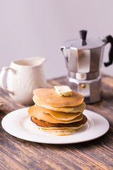 Homemade american pancakes. Healthy morning breakfast. Rustic style