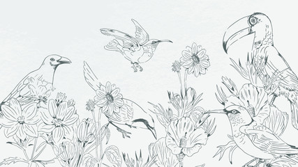 Birds and flowers pattern on white background vector