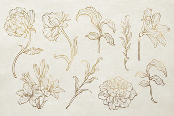 Gold floral outline set vector