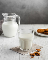  Glass of milk, jug of milk, cookies. The concept of milk, dairy products, agricultural products. Copy space.