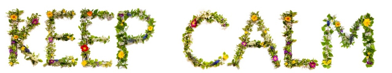 Flower, Branches And Blossom Letter Building English Word Keep Calm. White Isolated Background