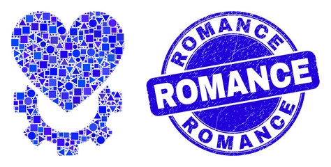 Geometric love gear mosaic icon and Romance seal stamp. Blue vector rounded grunge seal stamp with Romance title. Abstract collage of love gear organized of circle, tringle, square geometric elements.