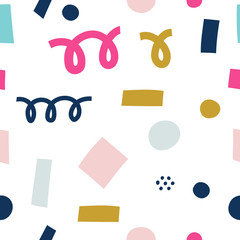 Colourful confetti hand drawn seamless vector fill. Cute childish drawing. Baby wrapping paper, textile, vector illustration