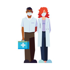 Man and woman doctor with uniforms masks and kit vector design