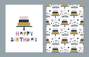 Happy Birthday greeting card set. Vector Illustration, poster, card, postcard..