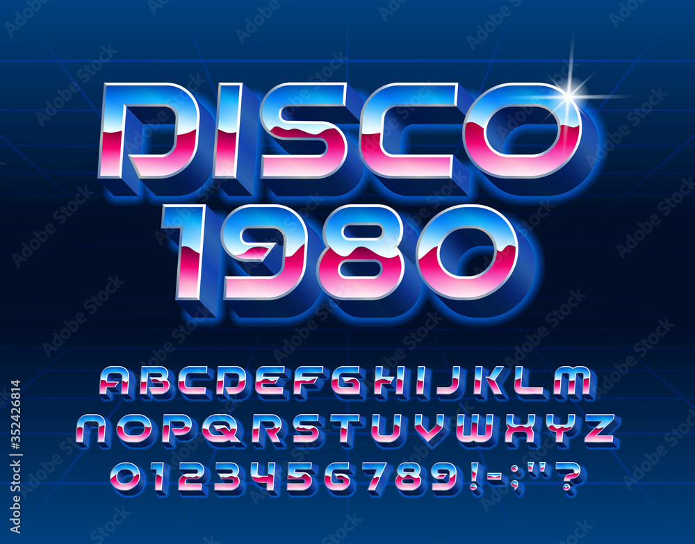 Poster disco 1980 alphabet font. glowing 3d letters and numbers in 80s style. stock vector typescript for y