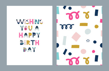 Happy Birthday greeting card set. Vector Illustration, poster, card, postcard..