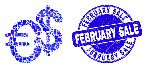 Geometric currency mosaic icon and February Sale seal stamp. Blue vector rounded grunge stamp with February Sale caption. Abstract mosaic of currency done of spheric, tringle, square geometric items.