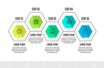 Vector business infographics. Timeline modern with 5 hexagons. Used for web design, graph, diagrams, slideshow