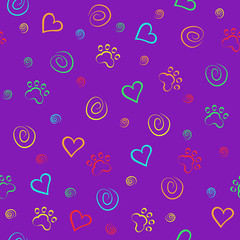 Seamless pattern of paw trace elements heart ornament. Background Wallpaper for children's clothing packaging design. The concept of love for animals.
