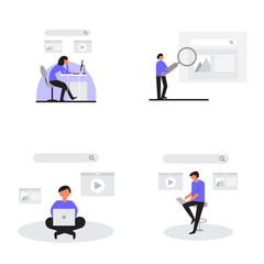 Bundle of Flat design website banner of web search, SEO, ranking sites, rating. Modern vector illustration for web design, print material, banners, leaflets, landing pages, social media content.