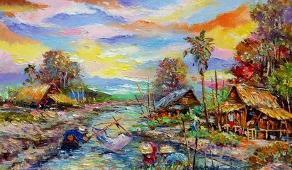 Obraz na płótnie Canvas Art painting Oil color Hut northeast Thailand Countryside