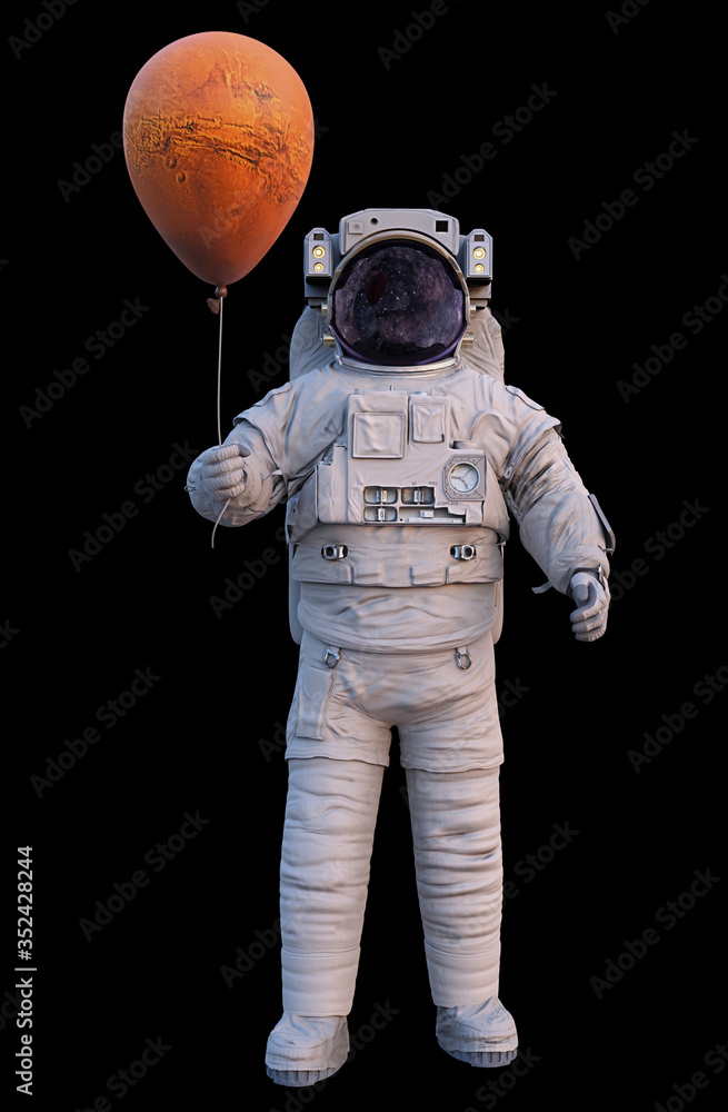 Wall mural astronaut with planet mars balloon isolated on black background