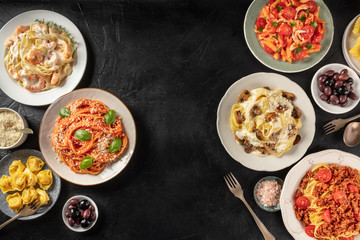 Pasta Design Template. Assortment of Italian pasta dishes, including spaghetti Bolognese, penne...