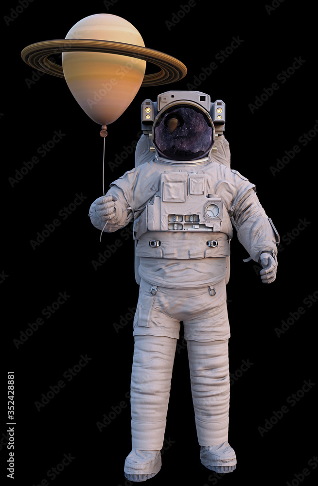 Canvas Prints astronaut with planet saturn balloon isolated on black background
