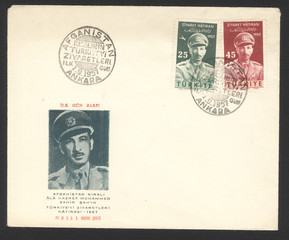 Republic of Turkey. King of Afghanistan. First Day Cover. 1 September 1957. Afghan king Mohammed Zahir Shah's visit to Turkey. Turkey historical envelope. First day of issue.