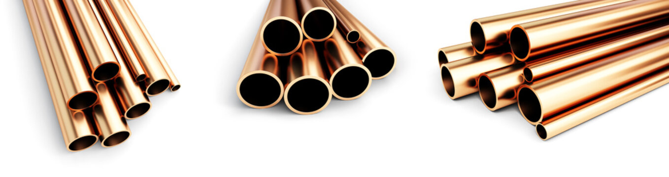 Copper metal pipes goods on white background. 3d Illustrations