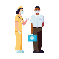 Man and woman doctor with uniforms masks and kit vector design