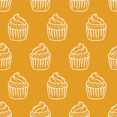 Cupcakes seamless pattern with baked goods