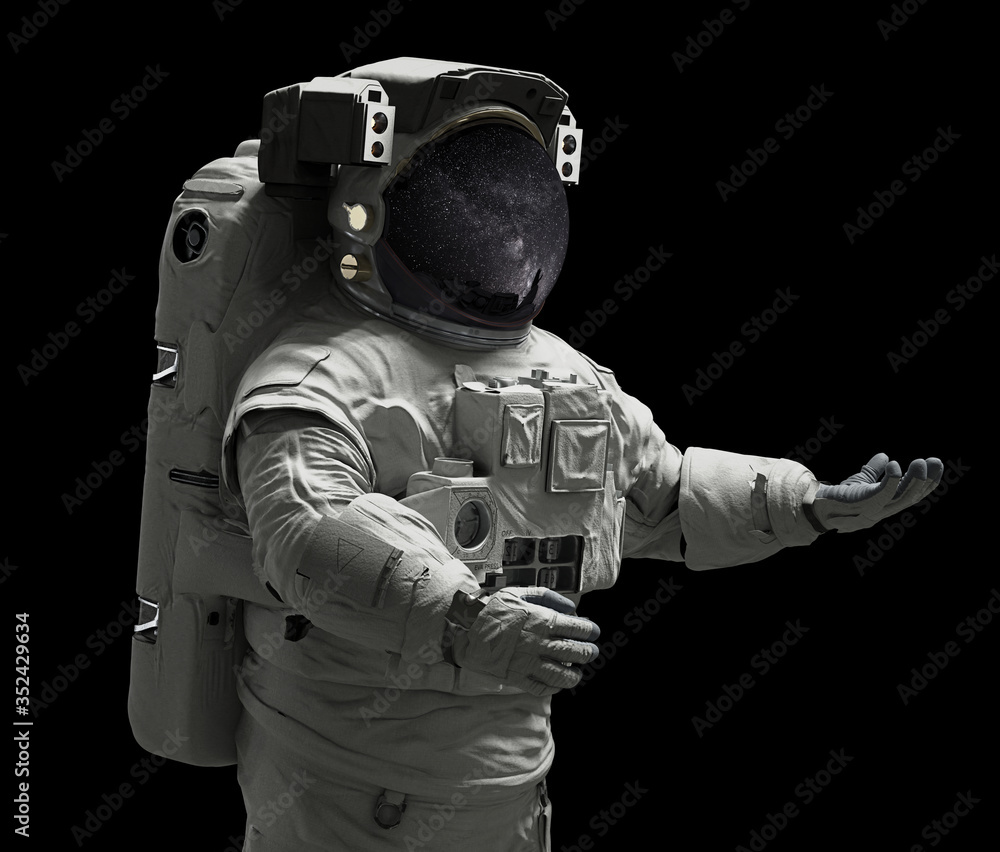 Wall mural astronaut presenting an empty space isolated on black background