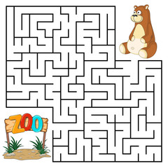 Square maze for kids with cartoon Bear. Find right way to the Zoo. Entry and exit. Puzzle Game with answer. Learning Labyrinth conundrum. Education worksheet. Activity page. Logic Games for kids.