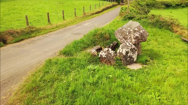 Drone footage of ancient megalthic stone formation near Maghera in N. Ireland called a Dolmen