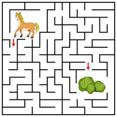 Maze or Labyrinth for Children with cartoon Horse. Find right way to Cabbage. Answer under the layer. Square puzzle Game. Labyrinth conundrum. Education worksheet. Activity page. Logic Game for kids
