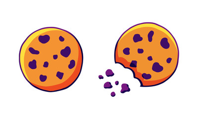 Vector chocolate chip crunchy cookies isolated on a white background. Cartoon cookie icons or logo for bakery, pastry or cake shop, confectionery, cafe, bakery house.