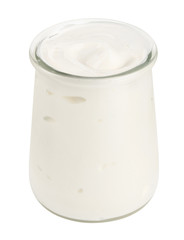 Homemade yogurt in glass bowl isolated on white
