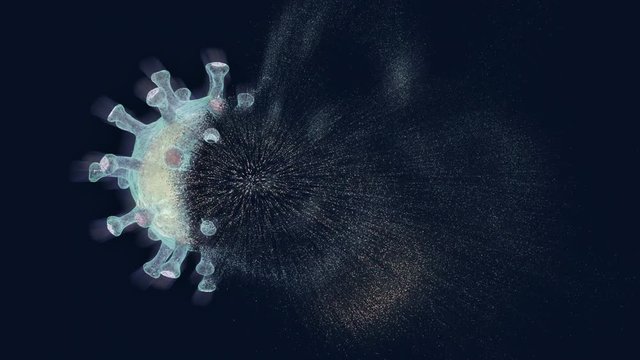 single virus desintegration process close up view, detailed 3D animation